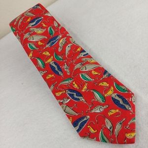 Lands' End 100% Cotton Neck Tie Red Fishing Lure Vintage USA Made Fisherman Hook